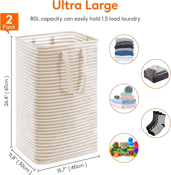 Lifewit 2 Pack Laundry Basket 80L Each, Collapsible Clothes Hamper with Reinforced Handles, Freestanding Waterproof Design for Bedroom and Laundry Room, Beige 160L Total - Image 3
