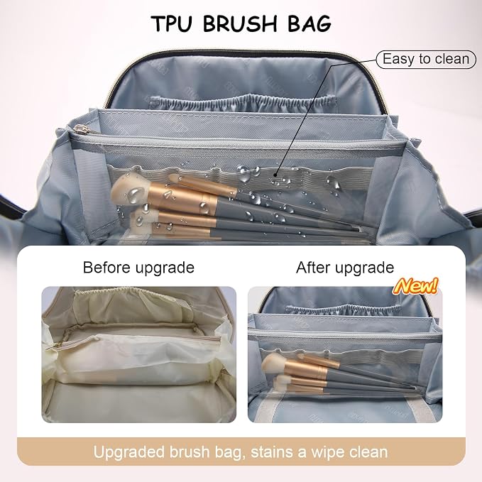 BOYATU Travel Makeup Bags for Women: 3 Pcs Set Wide Open Cosmetic Bag - Portable Make up Bags with Handle - Vegan Leather Toiletry Organizer Bag with Divider (G-04-Beige) - Image 4
