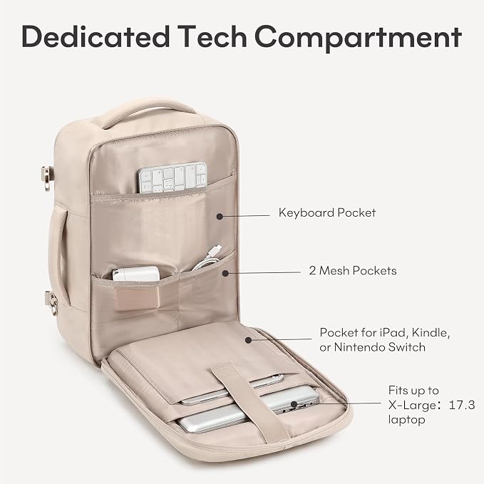 mibasies 40L Travel Backpack for Women & Men: Carry On Luggage Flight Approved, TSA Laptop Backpack with Water Bottle Pocket, Personal Item Bag Fits 17" Laptop for Weekender Business - Beige - Image 5