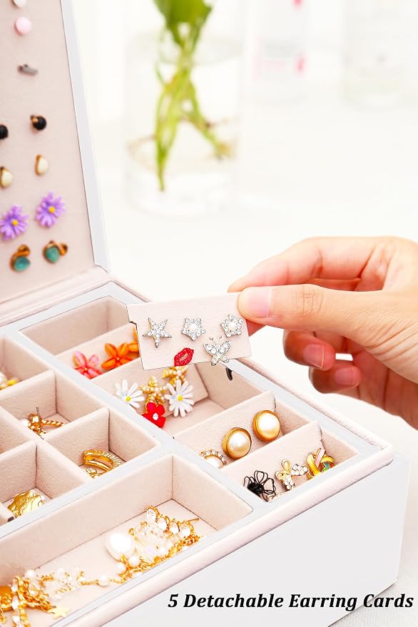 QBestry Jewelry Box for Women Girls, 105 Holes Stud Earring Organizer Storage Case with Removable Dividers, 2-Layer White Leather Jewelry Organizer for Earrings Rings Necklaces Bracelet, Gift for Teen - Image 4