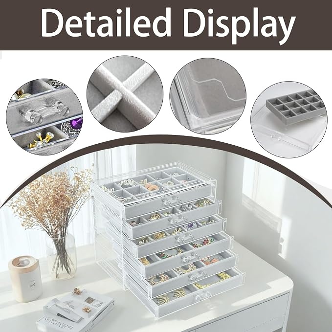 Watpot Acrylic Jewelry Box Organizer and Storage 6 Drawer for Earring Display Gray - Image 3