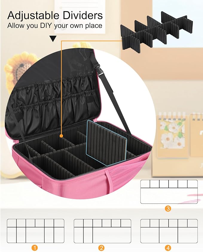 Relavel Makeup Backpack, Professional Travel Train Case Makeup Artist Kit Set Bag for Women Extra Large Cosmetic Organizer, Brush Storage Holder, with Adjustable High Dividers, Rose Pink - Image 2