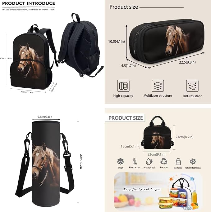 POLERO Horse School Backpack Preschool Elementary School Bag Lightweight Backpacks with Lunch Box for Boys Girls - Image 3