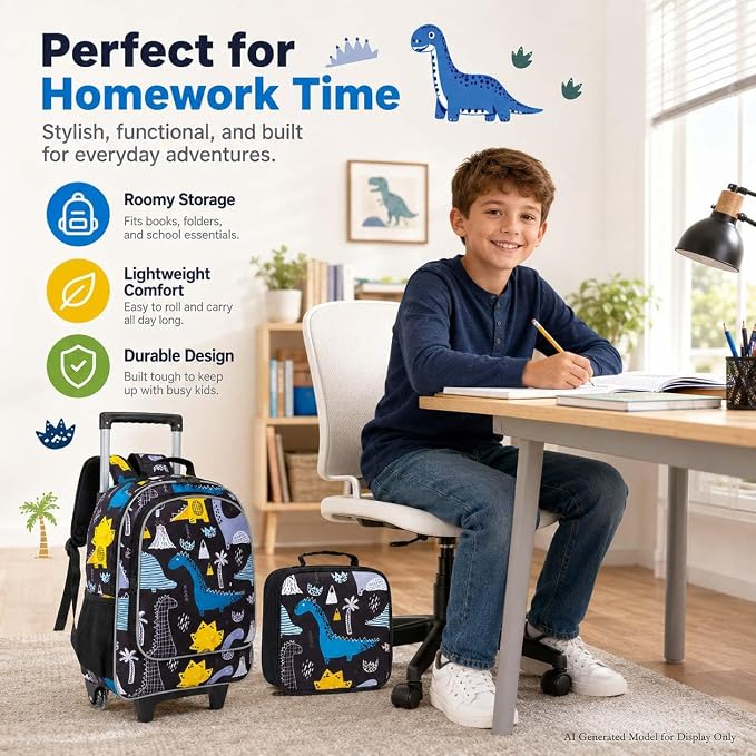 AGSDON 3PCS Rolling Backpack for Girls Boys, Kids Roller Wheels Bookbag, Wheeled School Bag with Lunch Bag - Image 9