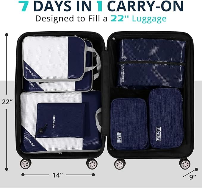 NICOSHOW 7 Set Compression Packing Cubes for Travel - Compressible, Lightweight, and Space-Saving Packing Cubes, Travel Essentials for Women, Navy - Image 6