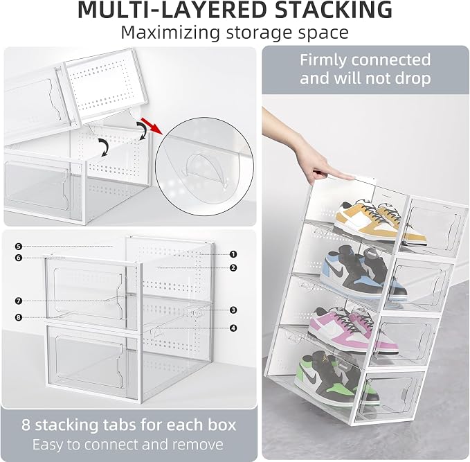 Elechomes Shoe Boxes Clear Plastic Stackable 18 Pack Premium Shoe Organizer Storage for Closet Foldable Shoe Rack Containers Sneaker Display Case Holder Shoe Bin Entryway Drawers Gifts - Image 3