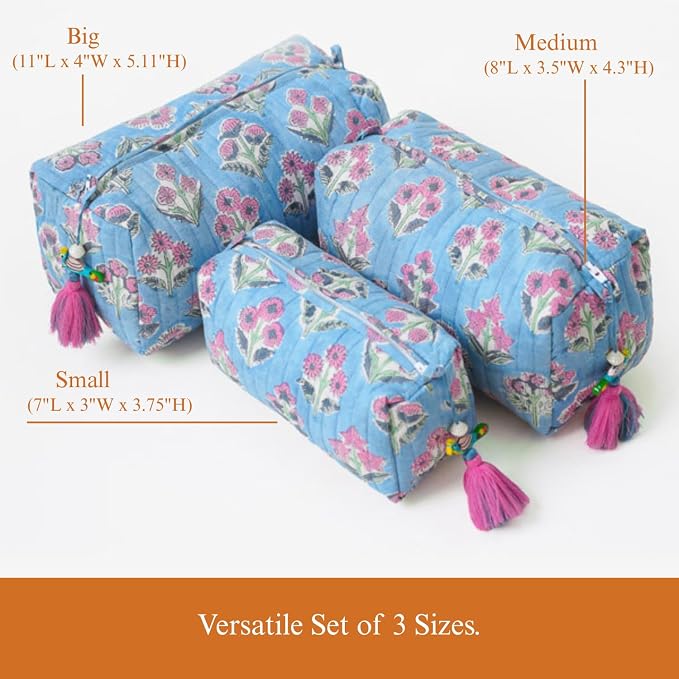 Saffron Marigold Quilted Makeup Bag Set of 3, Hand Block Printed Cotton Cosmetic Bags for Women, Waterproof Lined Travel Toiletry Bag, Coquette Floral Aesthetic, Handmade Gift, Denim Rose - Image 5
