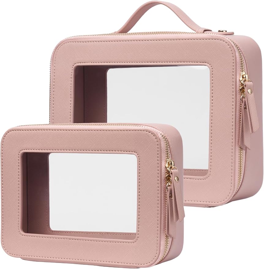 Popvibe Clear Makeup Case Set Pink Toiletry Bag Travel Large Clear Cosmetic Bag with Zipper, Big Make Up Bag Organizer Women Traveling TSA Approved Transparent Bag Car for Essentials by POPVIBE