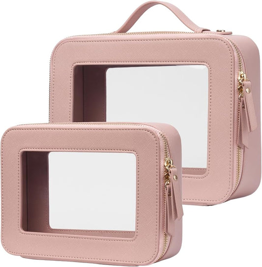 Popvibe Clear Makeup Case Set Pink Toiletry Bag Travel Large Clear Cosmetic Bag with Zipper, Big Make Up Bag Organizer Women Traveling TSA Approved Transparent Bag Car for Essentials by POPVIBE
