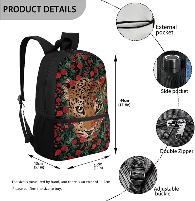 Rose Floral Leopard Print Backpack Set for Student Schoolbag Large Capacity Bookbag Lunch Box Pencil Case 17 Inch Travel Laptop Backpacks Lightweight Rucksack Daypack for Outdoor - Image 2