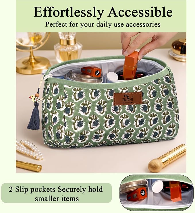 Ridhi Basil Green Hand Block Printed Floral Toiletry Bag For Women 100% Cotton Quilted Set of 3 Waterproof Inner Lining, Cosmetic Jewelry Organizer, Travel Pouch, Essential Storage Purse Gifts - Image 2