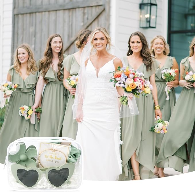 DEEKA 5 Pcs Bridesmaid Proposal Bag Set Gift Clear Makeup Toiletry Bag Bachelorette Party Favors Sunglasses Flower Claw Clips Scrunchies Knot Bracelets Bridal Wedding Party Gifts (Sage Green) - Image 6