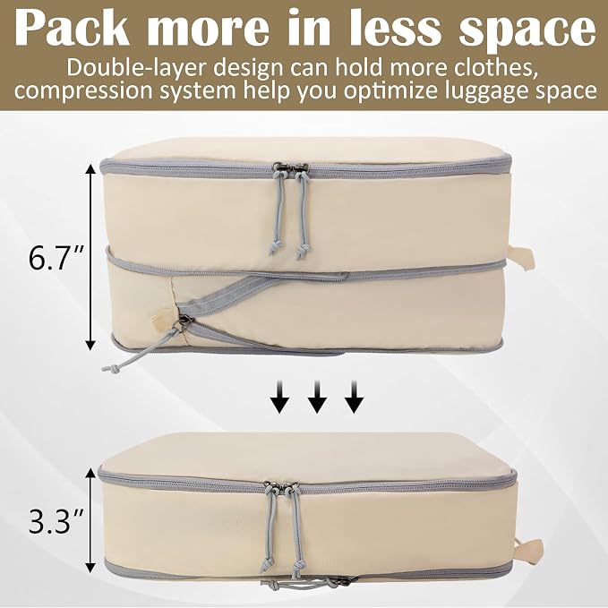Extra Large Compression Packing Cubes for Travel Essentials, 2 Set Expandable Travel Cubes for Packing Compression Bags Luggage Suitcase Organizer, Cream - Image 3