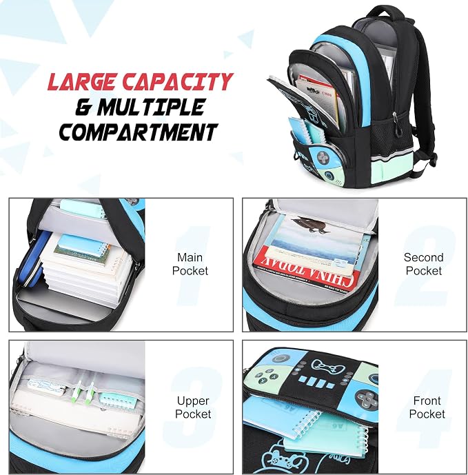 Bevalsa Backpack for School Boys, Cool Luminous Gamer Boys Schoolbag with Lunch Box & Pencil Case Set for Kids Teens Elementary Middle School, Bookbag Glow In The Dark(Blue Green Backpack) - Image 4