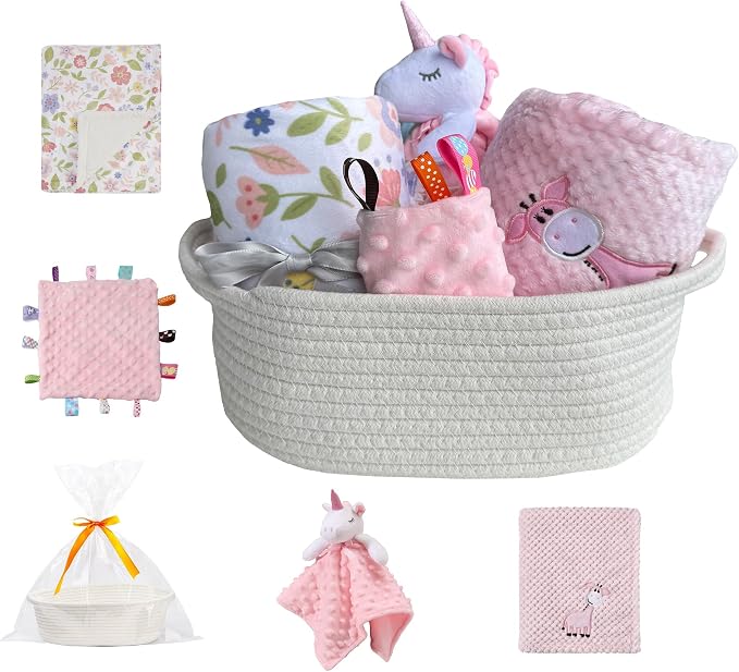 CREVENT Baby Welcome Gift Set Storage Basket with 2 Blankets+ 1 Security Blanket + 1 Taggie + 1 Gift Bag with Ribbon (Pink) by CREVENT