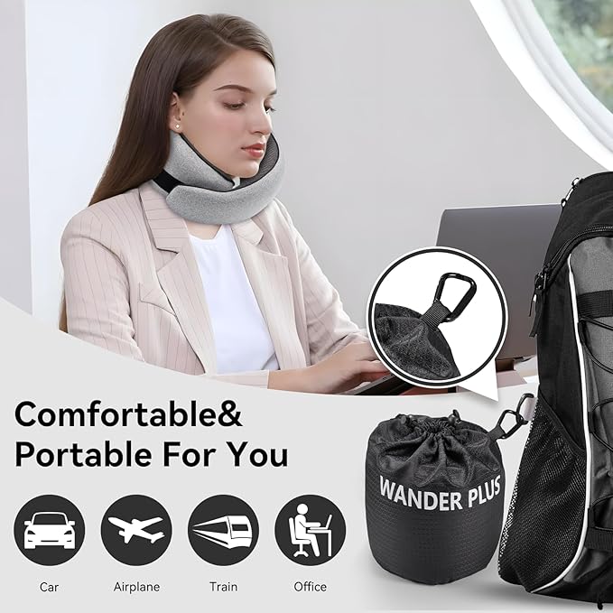 WANDER PLUS® Travel Pillow, 100% Pure Memory Foam Travel Neck Pillow Airplane Neck Support Ergonomic Design Best for Sleeping Plane Car Train Office Flight for Adults Grey