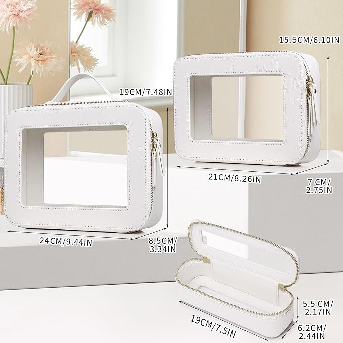 Travel Makeup Set, White, L+M+SLIM | Waterproof, Transparent Cosmetic Bag, Toiletry Bag, Makeup Brush Case with Zipper, Car Essentials for Women - Image 2