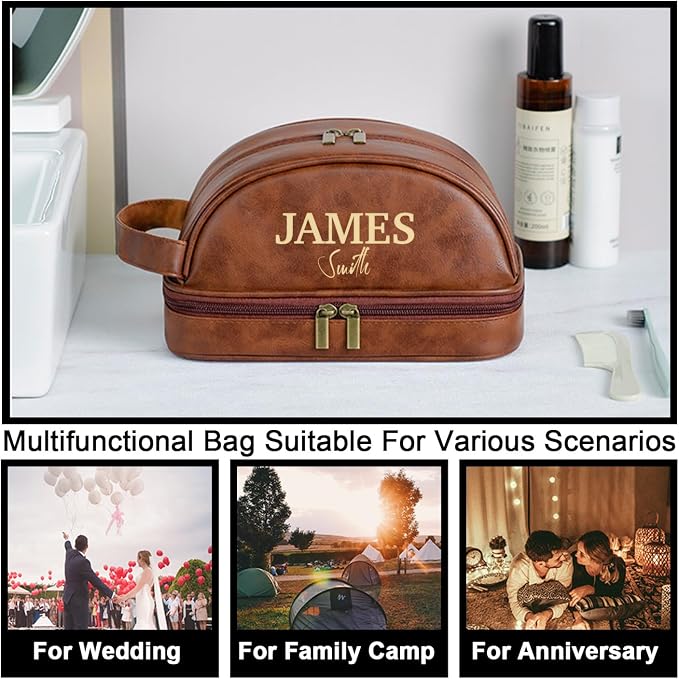 Personalized Leather Toiletry Bag, Brown, Three Layer Structure, Waterproof, Customizable Name Engraving, Travel Organizer for Men, Multi-Occasion Gift (UK1002) - Image 5