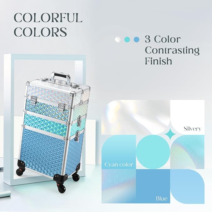 Professional Rolling Makeup Train Case 3 in 1 Aluminum Trolley Case with 360° Rotation Wheels for Makuep Artist Cosmetic Suitcase Organizer with Lock and Key Diamond Pattern - Turquoise Cascade - Image 5