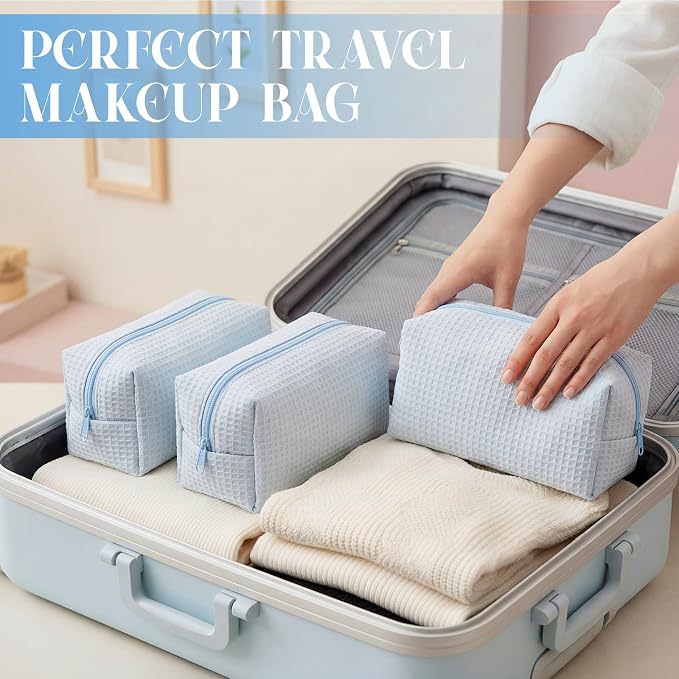 Gilprop 8 Pcs Holiday Gifts for Women Cozy Makeup Bag Portable Travel Waffle Toiletry Bag Soft Wedding Makeup Organizer Large Pouch with Zipper for Bridesmaid Friend (Light Blue) - Image 6