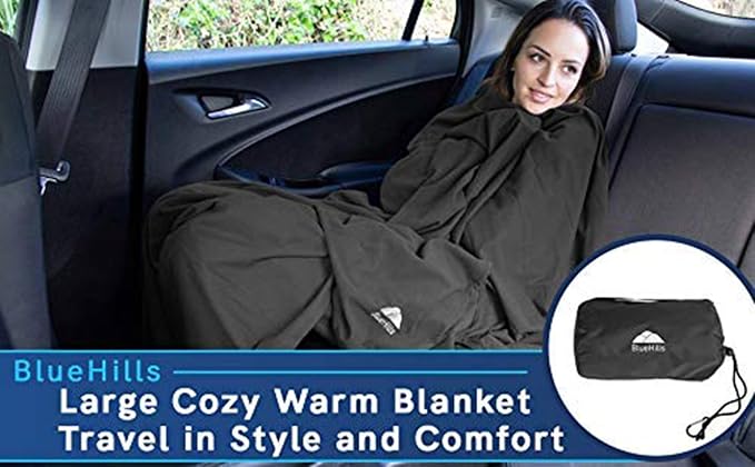 BlueHills Ultra Compact Travel Blanket Pillow Airplane Warm Portable Black | Portable Bag/Case, Hand Luggage Belt & Carabiner, Compact Carry Pouch, Large Size Blanket for Airplane, 70 X 56 Long Flights - Image 9