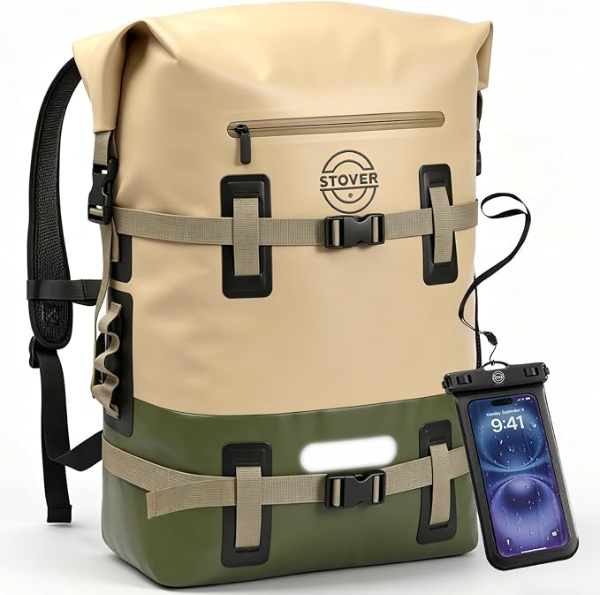 STOVER 30/40/55L Waterproof Dry Backpack & Phone Case - 2XL Floating Dry Bag for Kayaking, Travel, Hiking, Fishing, Camping, Motorcycles & Beach, Heavy-Duty Roll Top Men/Women (Tan/Army Green/Brown) by STOVER