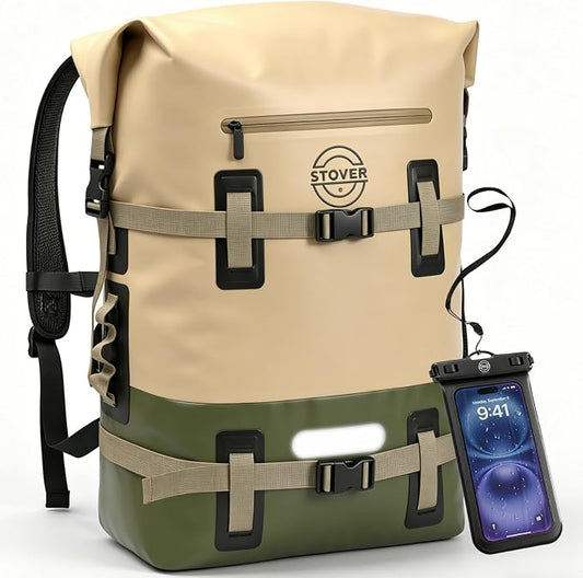 STOVER 30/40/55L Waterproof Dry Backpack & Phone Case - 2XL Floating Dry Bag for Kayaking, Travel, Hiking, Fishing, Camping, Motorcycles & Beach, Heavy-Duty Roll Top Men/Women (Tan/Army Green/Brown) by STOVER
