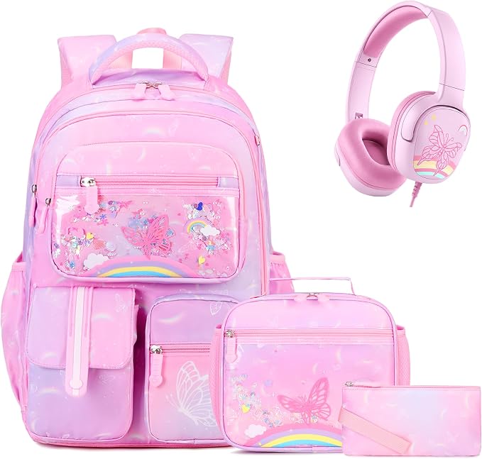 ACESAK Kids Backpack for Girls, Rainbow Backpack Set with Over-ear headphones, Lunch Bag Set for School, Girls Backpack for Elementary Middle school Teen Student(Pink) by ACESAK