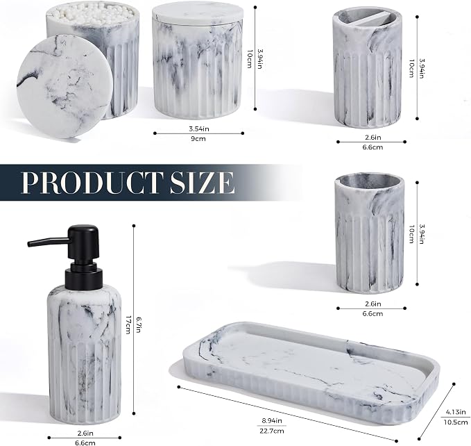 INIUNIK Bathroom Accessory Set, 6 Pieces, Marble White | Resin, Bathroom Accessories Set, with Soap Dispenser Set, Toothbrush Holders, Tumbler, Vanity Tray & 2 Qtip Holder - Image 3