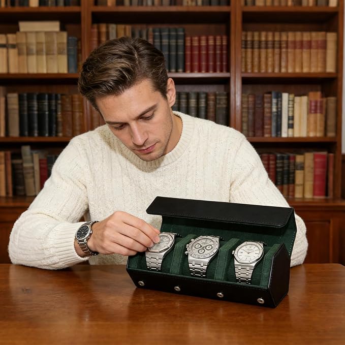Luxury Hexagonal Leather Travel Watch Roll for 3 Watches, Black Green | Multiple Watch Capacity,Premium Hexagon Leather,Velvet M-Shaped Cushions,Secure Snap Closure,Storage Organizer - Image 6
