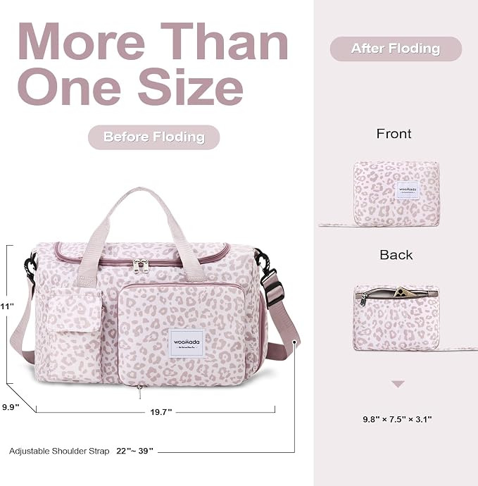 WOOMADA Foldable Travel Duffel Bag with Shoes Compartment, Overnight Bag with Wet Pocket & Trolley Sleeve, Weekender Bags for Women(A-pink leopard) - Image 2