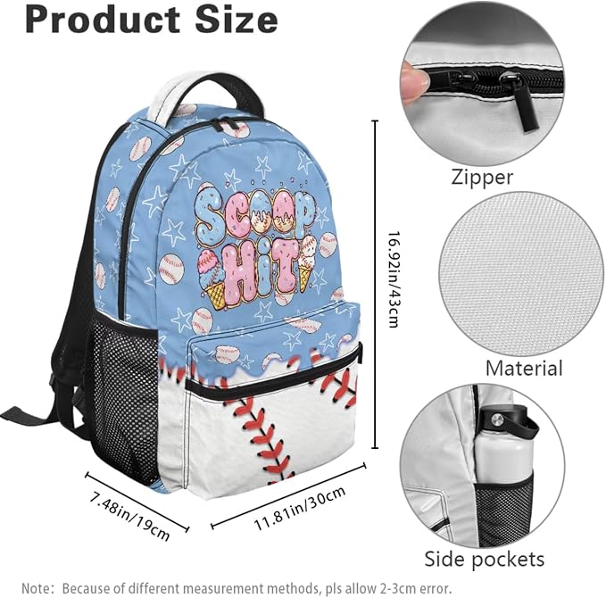 Ice Cream Baseball Backpack for Kids Girls 4th 5th 6th Grade, 4-Piece School Bag with Lunch Box, Pencil Case & Dinosaur Charm Sweet Sporty Bookbag, Scoop Hit - Image 4