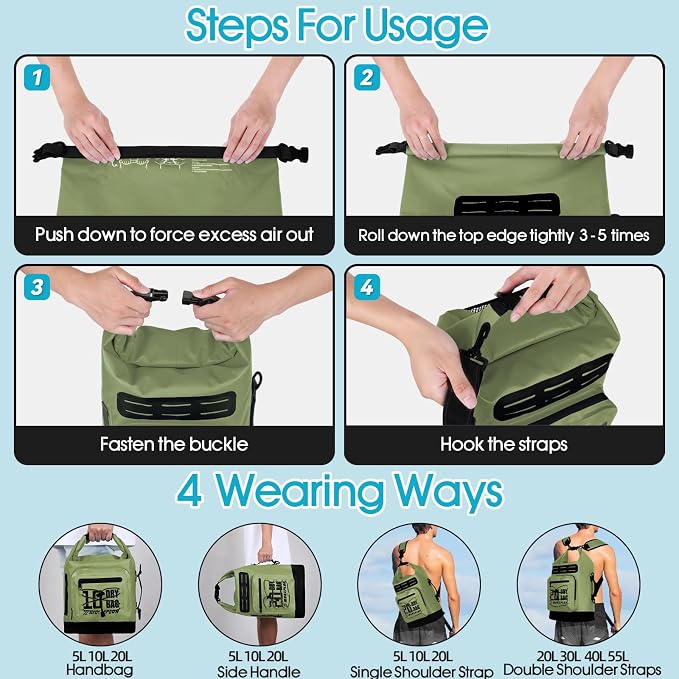MORXPLOR Dry Bag Waterproof,5L/10L/20L/30L/40L/55L Roll Top Dry Bag Backpack with WaterProof Phone Case for Swim,Kayak - Image 7