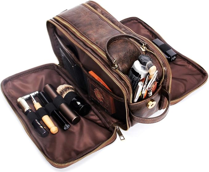Leather Toiletry Bag for Men Personalized Dopp Kit for Travel Waterproof Shaving Bag Coffee - Image 4
