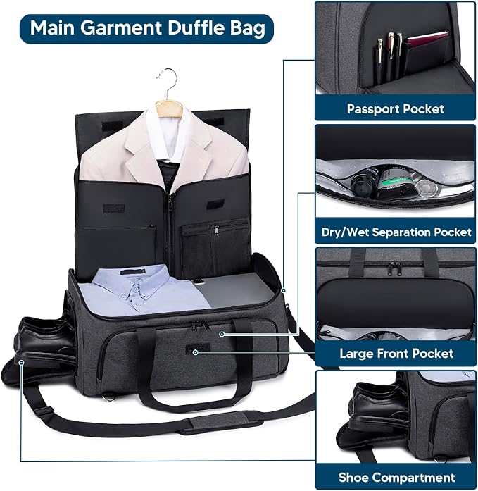Vessgra Garment Bags for Travel 58L Garment Bags Duffle Bag for Travel Convertible Carry On Garment Duffle Bag 4 in 1 Foldable Suit Bag with Shoes Compartment for Men Women Weekender，Dark Grey - Image 5