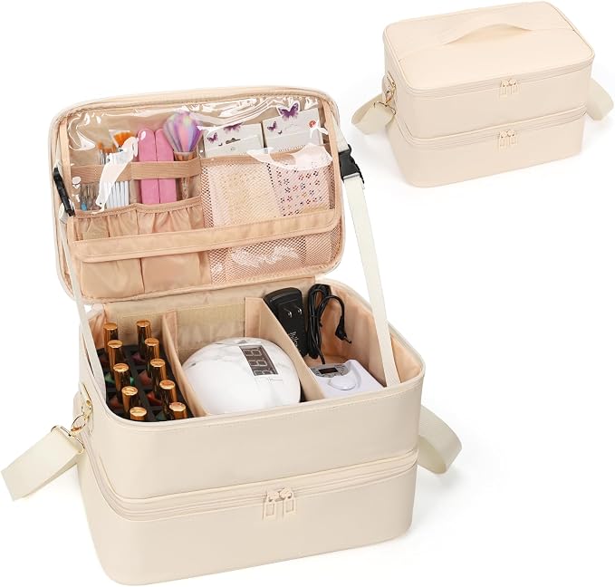 Ethereal Nail Polish Organizer Case, Leather Nail Polish Bag Holds 50+ Bottles (5ml/0.5fl.oz) and Nail Lamp, Nail Storage Organizer with Compartment, Leather White by Ethereal