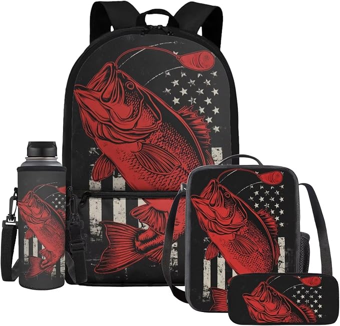 Patriotic Fishing Backpack Boys Lunch Box Set for 8-12 Elementary 4th of July School Bag and Pencil Case 4-in-1 Kids American Flag Fishing Bookbag Outdoor Rucksack by Dremagia