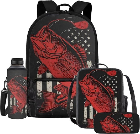 Patriotic Fishing Backpack Boys Lunch Box Set for 8-12 Elementary 4th of July School Bag and Pencil Case 4-in-1 Kids American Flag Fishing Bookbag Outdoor Rucksack by Dremagia
