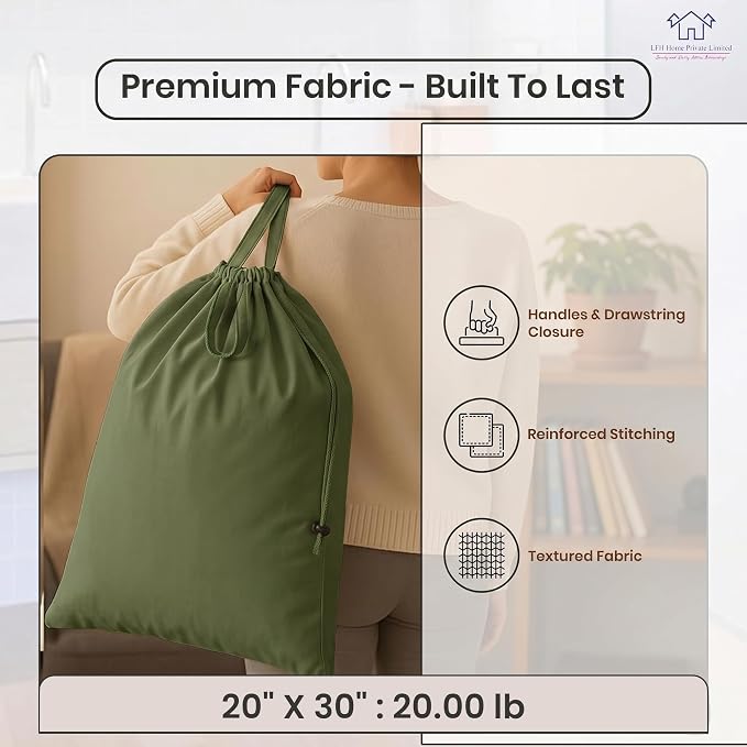 LFH Home Large Premium 1pack Cotton Rich Canvas Laundry Bag with Drawstring and Handles Heavy Duty, Multi-Use, and Washable for Home, Travel, College or Storage 20x30-Military Green - Image 5
