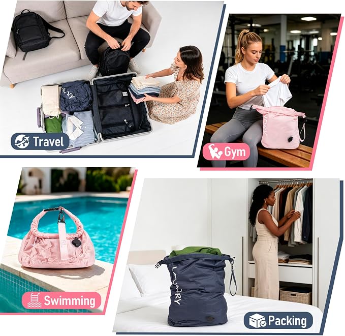 WiseBoy 2 Pack Travel Laundry Bag, Compression Storage for Dirty Clothes | waterproof nylon keeps gym & swim gear separate from clean clothes, easy-carry handles, pump-free compression saves space - Image 6