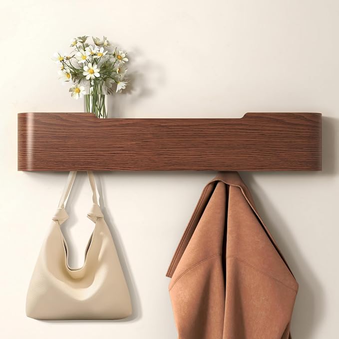 Wall Mounted Coat Rack with Shelf, Wooden Entryway Organizer with Hidden Metal Hooks for Hanging Coats Bags Keys, Modern Floating Shelf for Hallway Bathroom by VERASCOT