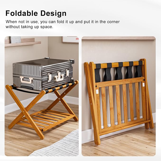 Smuxee Fully Assembled Honey Luggage Rack, Upgraded Bamboo Foldable Suitcase Stand with 5 Nylon Straps, Luggage Holder with Shelf for Guest Room Bedroom Hotel - Image 2