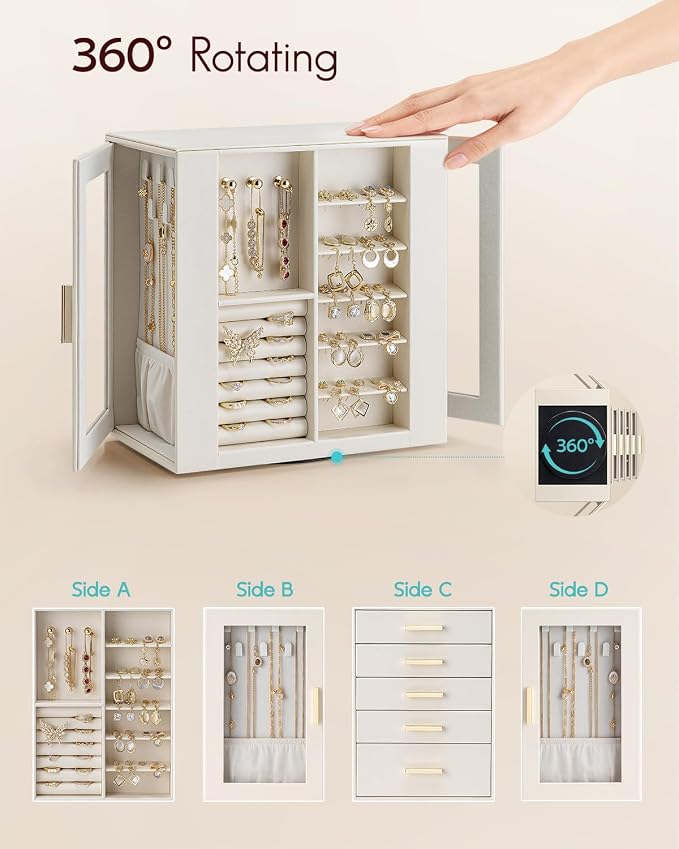 VLANDO 360ｰ Rotating Jewelry Box with 5 Drawers, Large Jewelry Storage with 2 Glass Window, PU Leather Jewelry Organizer for Bracelets, Necklaces, Earrings, Rings - Cloud White - Image 3