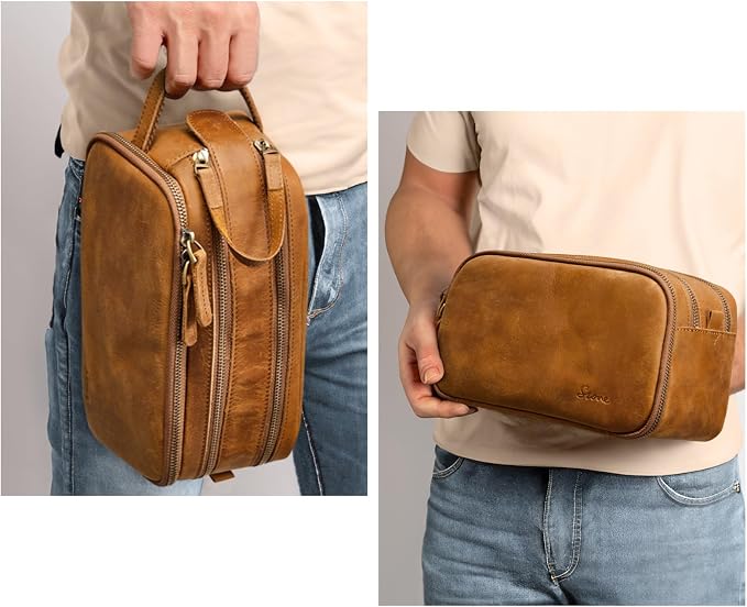 S-ZONE Leather Travel Toiletry Bag for Men Women Cosmetic Shaving Bags | Vintage Top Grain Leather, Multi Compartments, Bronze Hardware, Compact Dopp Kit - Image 6