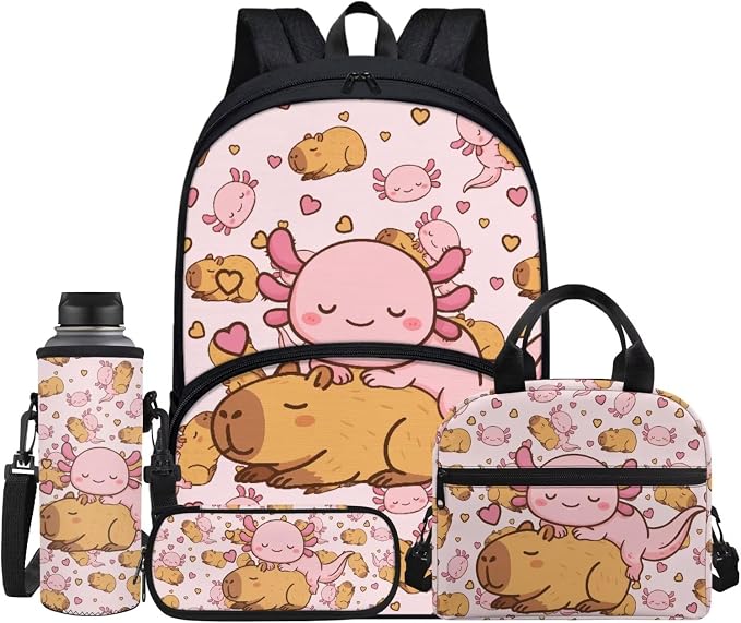 Cute Axolotl Capybara Pink Backpack for Girls, School Backpack Bookbag Lunch Box Pen Case for Elementary Primary Middle School, Kids Backpacks Schoolbag Water Bottle Holder Set 4 in 1 by Jndtueit