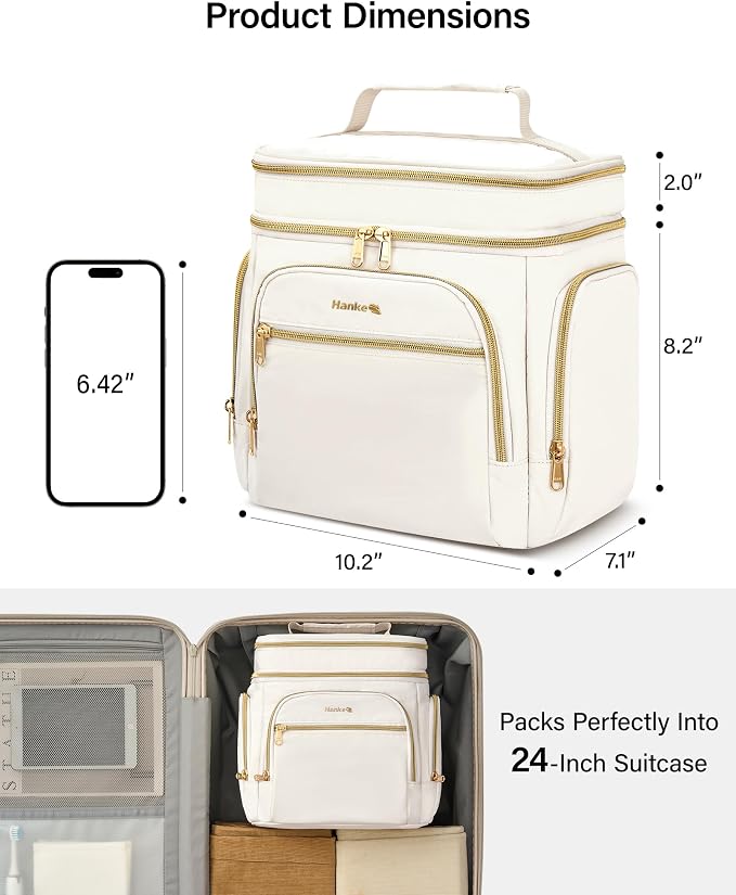 Hanke Large Toiletry Bag for Women Travel, Double Layer Organizer with Wide Opening for Full-Size Cosmetics & Toiletries, 12.2L Water-Resistant Makeup Bag,Off White - Image 7