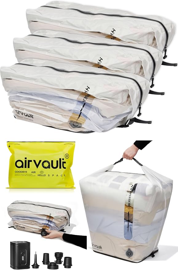 AirVault Vacuum Duffle Travel Bag with Air Pump, Waterproof Compression Storage Bags for Travel & Moving (80L Tapered Duffle, 3-Pack) by AirVault