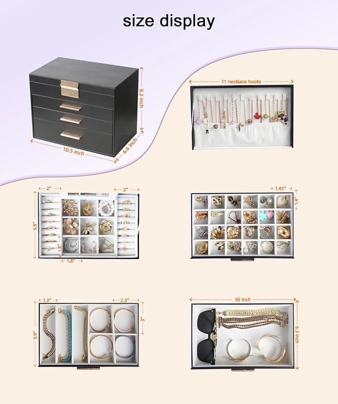 BOOVO Jewelry Boxes for Women, White and Black 6 Layer Large Jewelry Box for Necklace, Bracelet, Earrings, Rings Storage, Jewelry holder Organizer for Girls Gift (Black, 5 Layer) - Image 5