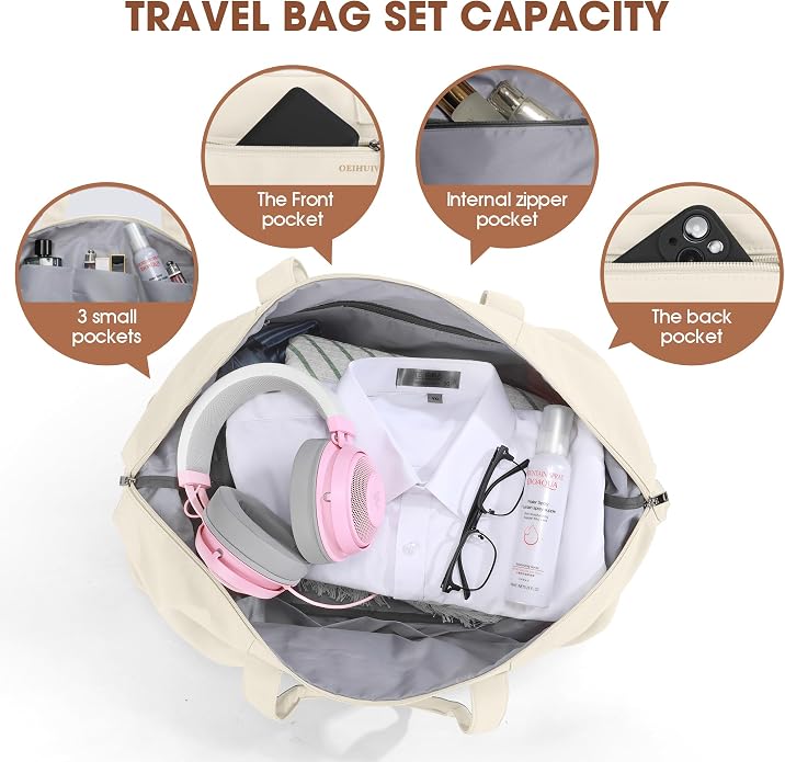 Women's Weekender bag Travel Duffel Bag with Shoe Compartment 21-inch Airline-Approved Carry-On, 2-Piece Overnight Bag Set Personal Item Luggage - Image 4