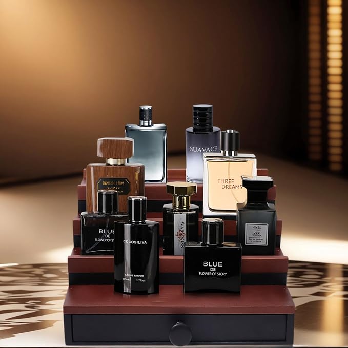 4 Tier Men's Cologne Organizer, Wooden Stand with Drawer Storage, Two Tone | Cologne Shelf and Rack, Perfume Tray, Hidden Storage, Countertop Dresser Display, Birthday Christmas Gift for Men - Image 4
